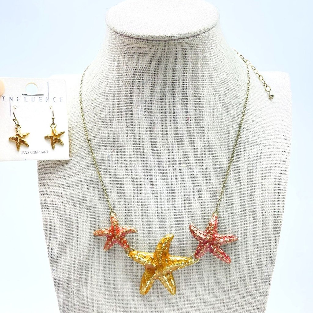 Starfish Necklace Earrings Set Gold Tone Pink Orange Resin Signed Influence 20$